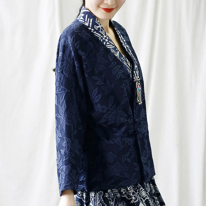 Buddha Stones Flower Jacquard V-Neck Long Sleeve Jacket