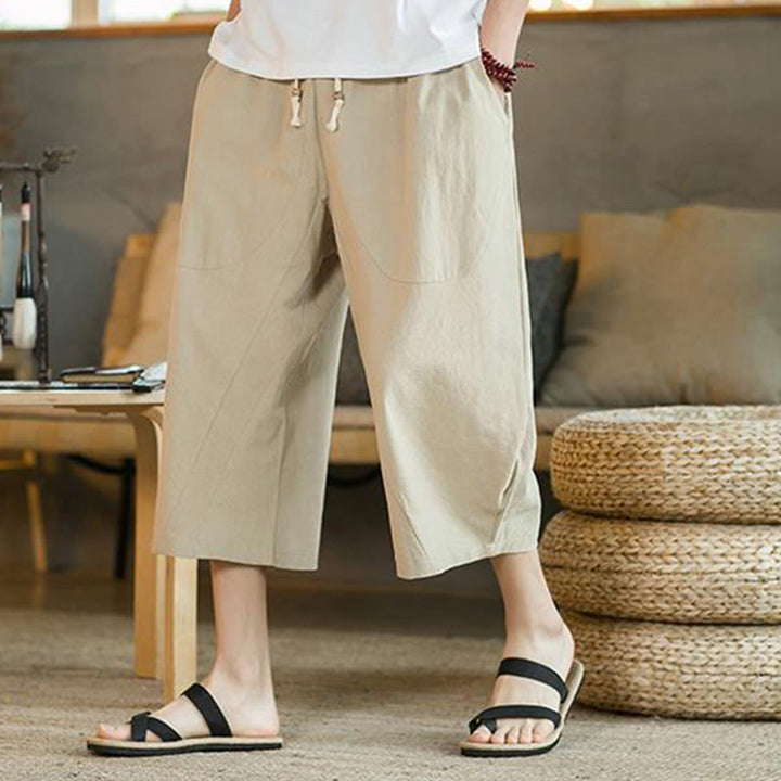 Buddha Stones Solid Color Mid-length Linen Men's Wide Leg Pants With Pockets