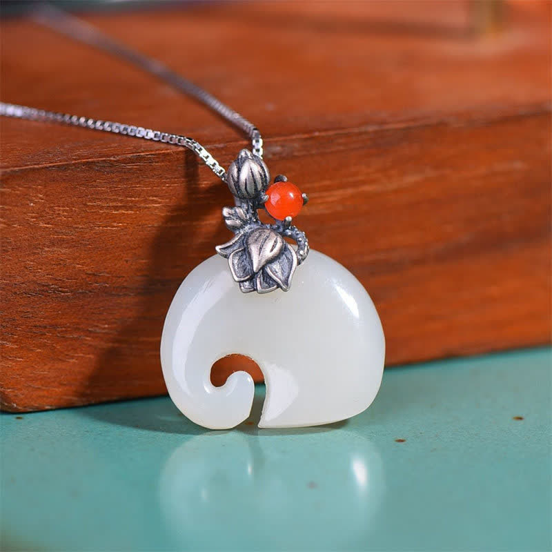 White Jade Elephant Lotus Protection Necklace Pendant - Elephant&45+5cm Chain - image 1