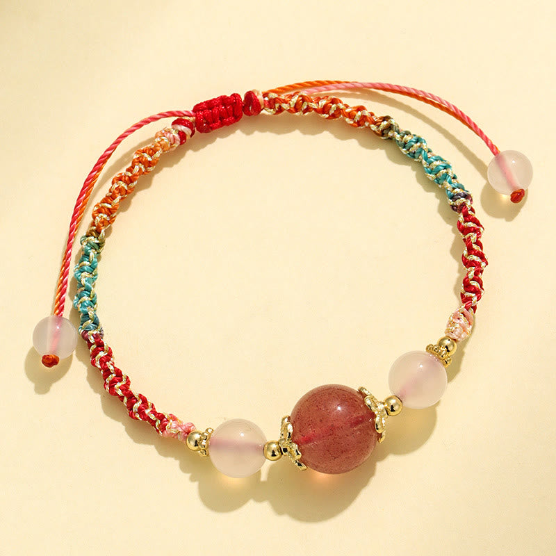 Buddha Stones Strawberry Quartz Pink Crystal Prehnite White Agate Bead Healing Rope Bracelet