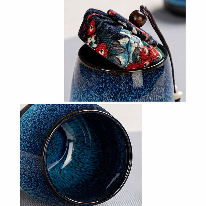 Blue Gradient Color Chinese Gongfu Tea Ceramic Teapot Portable Gift Bag Box Set - image 12