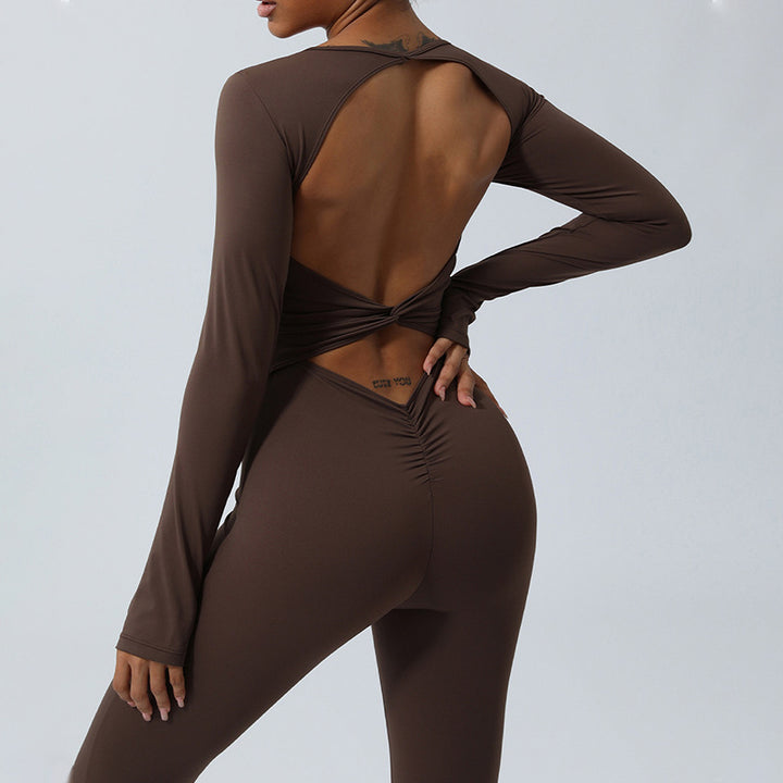 Buddha Stones Women Long Sleeve Backless Jumpsuit Sports Fitness Yoga Bodysuit