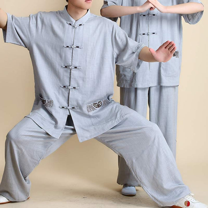 Buddha Stones Meditation Zen Prayer Spiritual Tai Chi Qigong Practice Unisex Embroidery Clothing Set - Short Sleeve Gray Embroidery - US12，UK/AU16，EU44 (2XL) - image 29