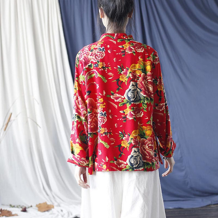 Buddha Stones Ethnic Red Flower Peony Frog-Button Cotton Linen Long Sleeve Shirt Jacket With Pockets