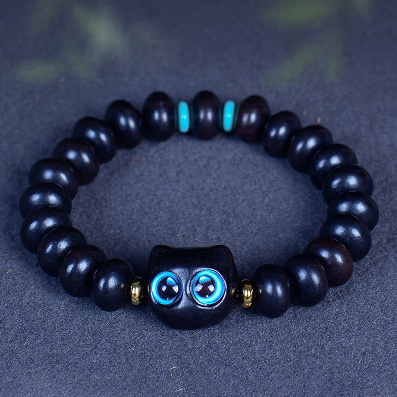 Buddha Stones Ebony Wood Liuli Glass Lovely Cat Peace Balance Bracelet - image 6