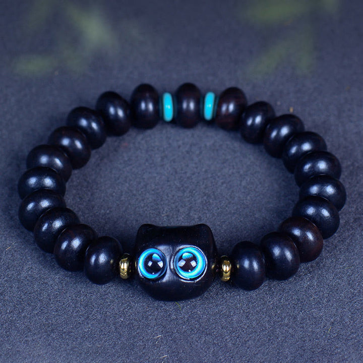 Buddha Stones Ebony Wood Liuli Glass Lovely Cat Peace Balance Bracelet - image 6