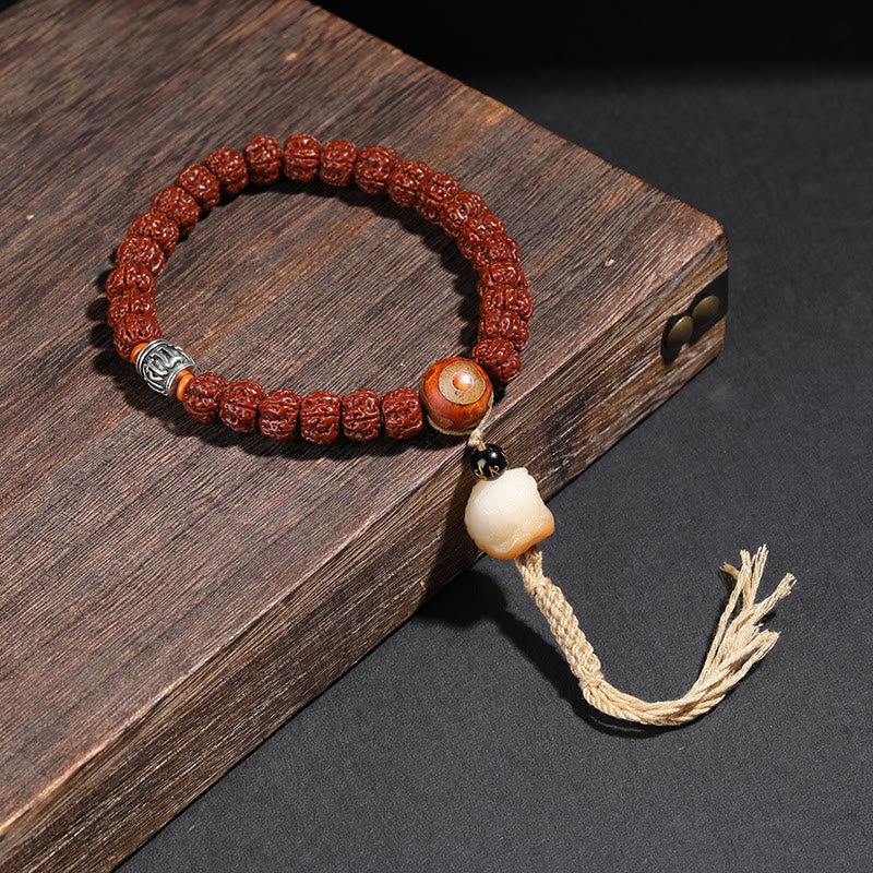 Buddha Stones Tibet Rudraksha Bodhi Seed Dzi Bead Lucky Cat Dancing Lion Wealth Bracelet Wrist Mala