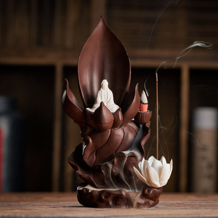 Buddha Stones Lotus Buddha Avalokitesvara Enlightenment Purple Clay Incense Burner Decoration - image 5