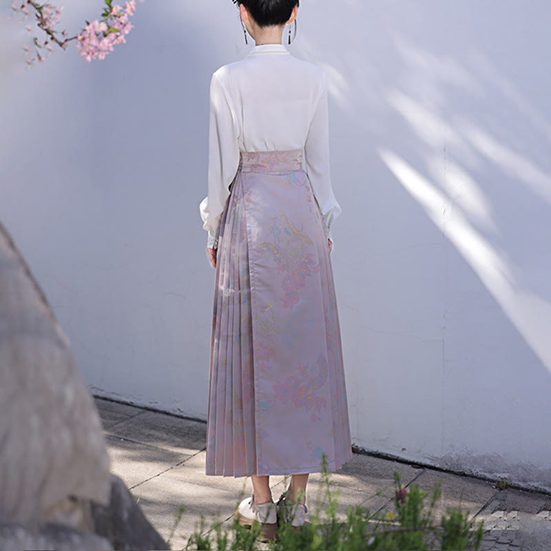 Buddha Stones Chinese Hanfu Pink Flying Crane Printed Horse Face Skirt Mamianqun