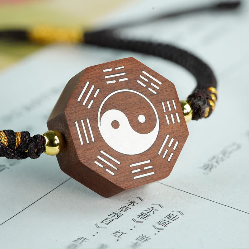 Buddha Stones Small Leaf Red Sandalwood Jujube Wood Ebony Wood Silver Inlaid Yin Yang Bagua Big Dipper Protection Bracelet