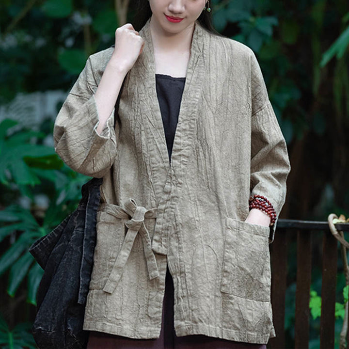 Buddha Stones Hanfu Design Three Quarter Sleeve Ramie Linen Coat Open Front Top Jacket