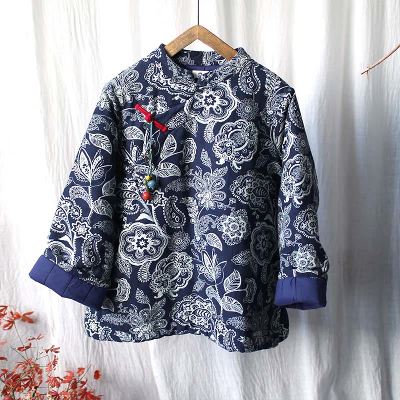 Buddha Stones Flowers Cotton Linen Jacket Shirt Chinese Northeast Style Winter Clothing