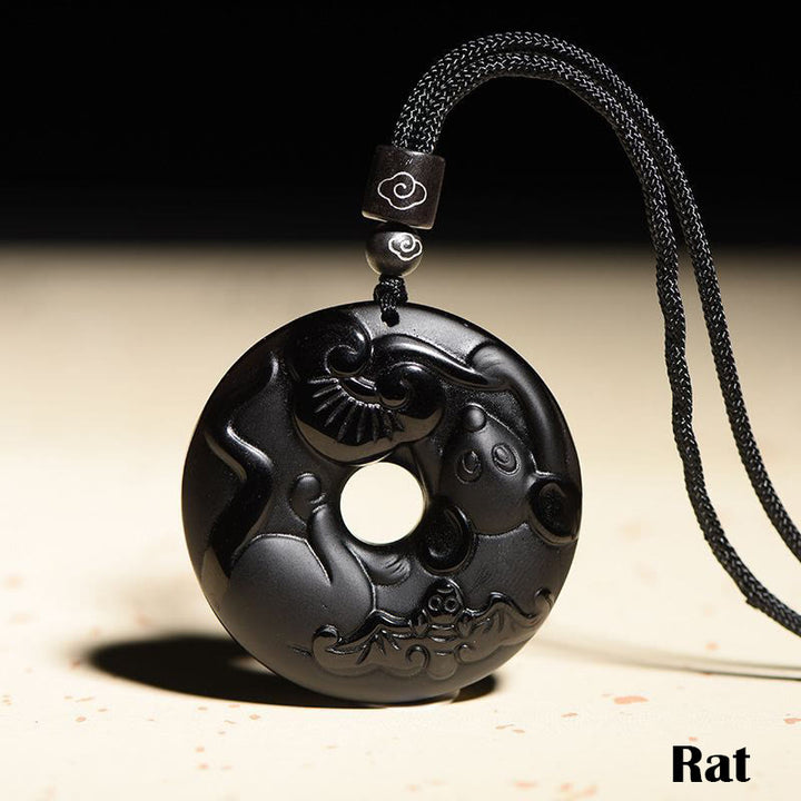 Buddha Stones Chinese Zodiac Natural Black Obsidian Peace Buckle Strength Necklace Pendant - Rat - image 13