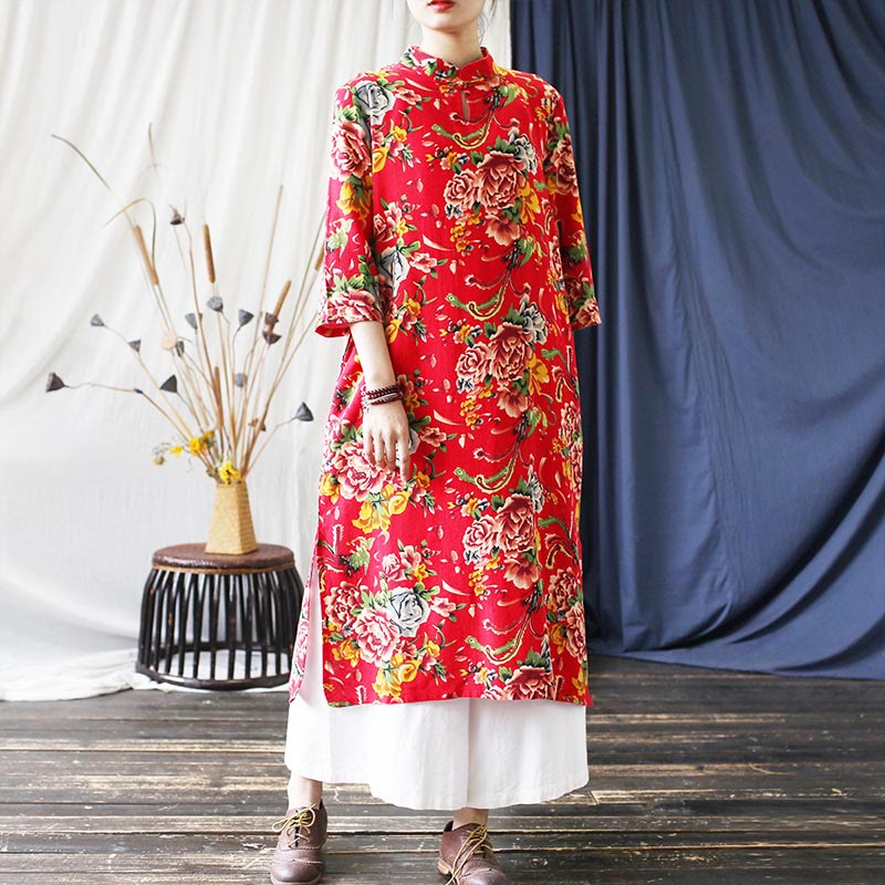 Buddha Stones Red Blue Peony Midi Dress Half Sleeve Cotton Linen Dress Wide Leg Pants With Pockets