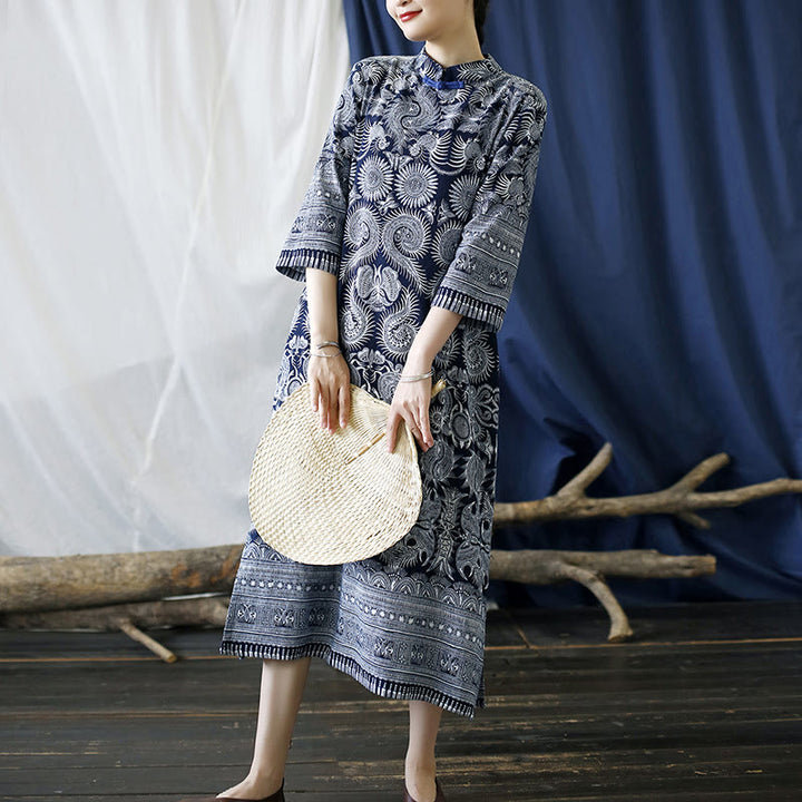 Buddha Stones Blue White Flower Frog-button Midi Dress Three Quarter Sleeve Linen Batik Dress With Pockets