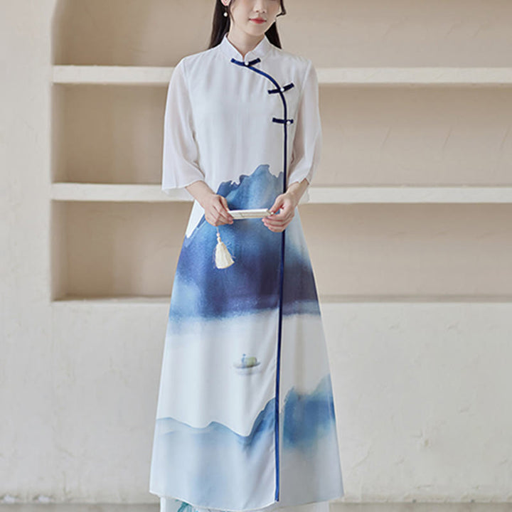 Buddha Stones Blue Landscape Painting Three Quarter Chinese Cheongsam Midi Dress