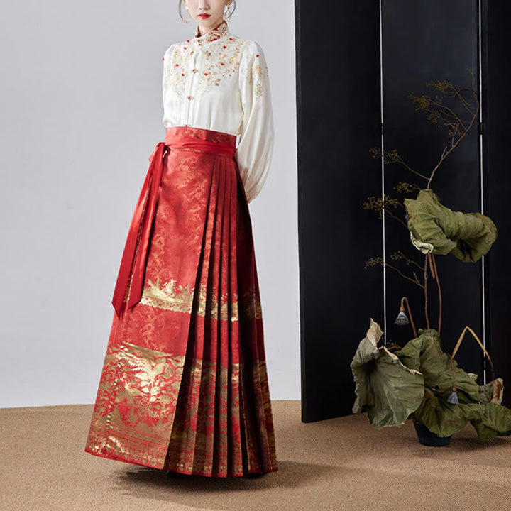 Buddha Stones Flowers Leaves Feathers Long Sleeve Shirt Top Chinese Hanfu Ming Dynasty Horse Face Skirt Mamianqun Skirt