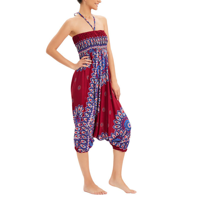 Buddha Stones Two Style Wear Sunflower Loose Smocked Harem Trousers Jumpsuit High Waist Pants