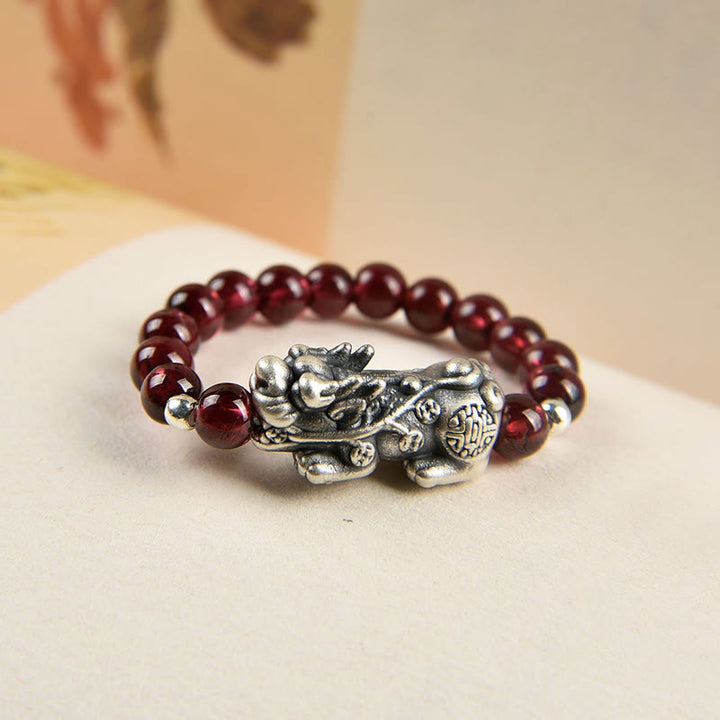 Buddha Stones 925 Sterling Silver Natural Garnet Moonstone Red Agate PiXiu Wealth Ring