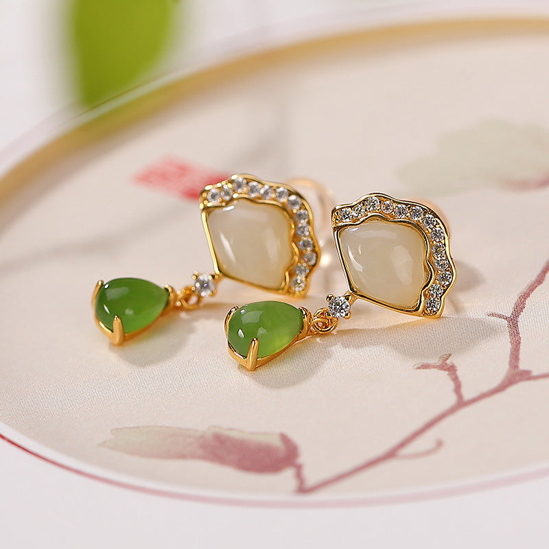 Buddha Stones White Jade Cyan Jade Fan Water Drop Pattern Luck Drop Earrings - image 1