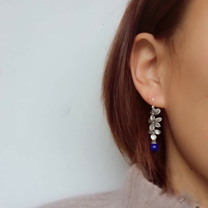 925 Sterling Silver Turquoise Lazurite Flower Leaf Serenity Protection Hook Drop Dangle Earrings - image 11