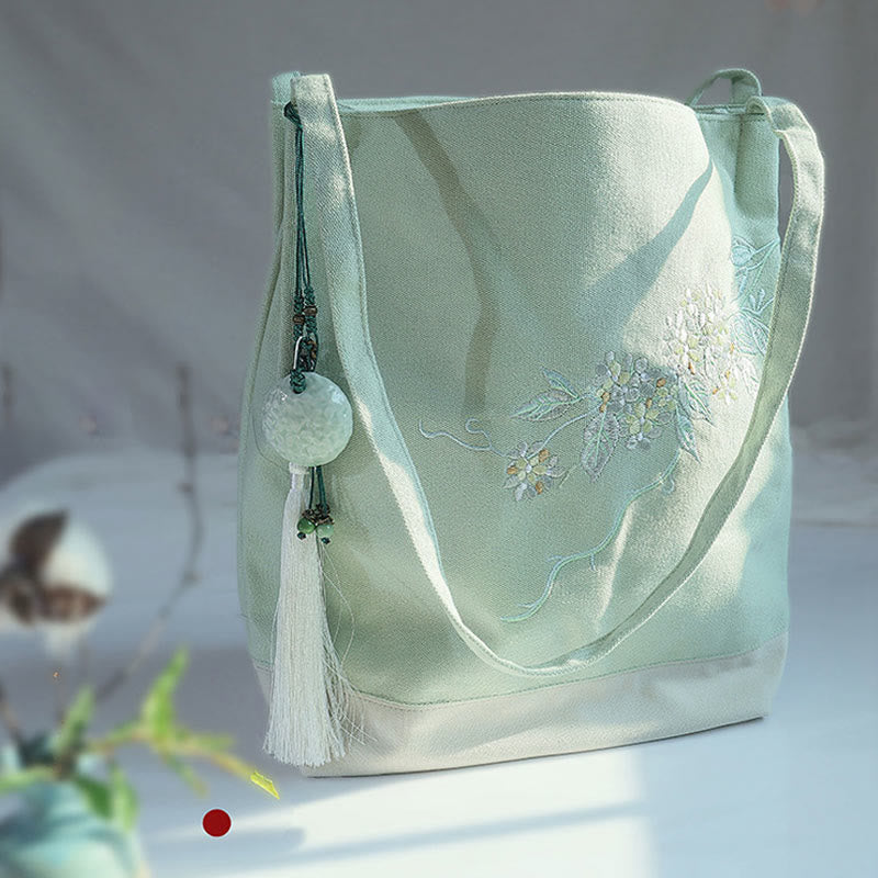 Flower Crane Plum Blossom Embroidery Canvas Large Capacity Shoulder Bag Tote Bag