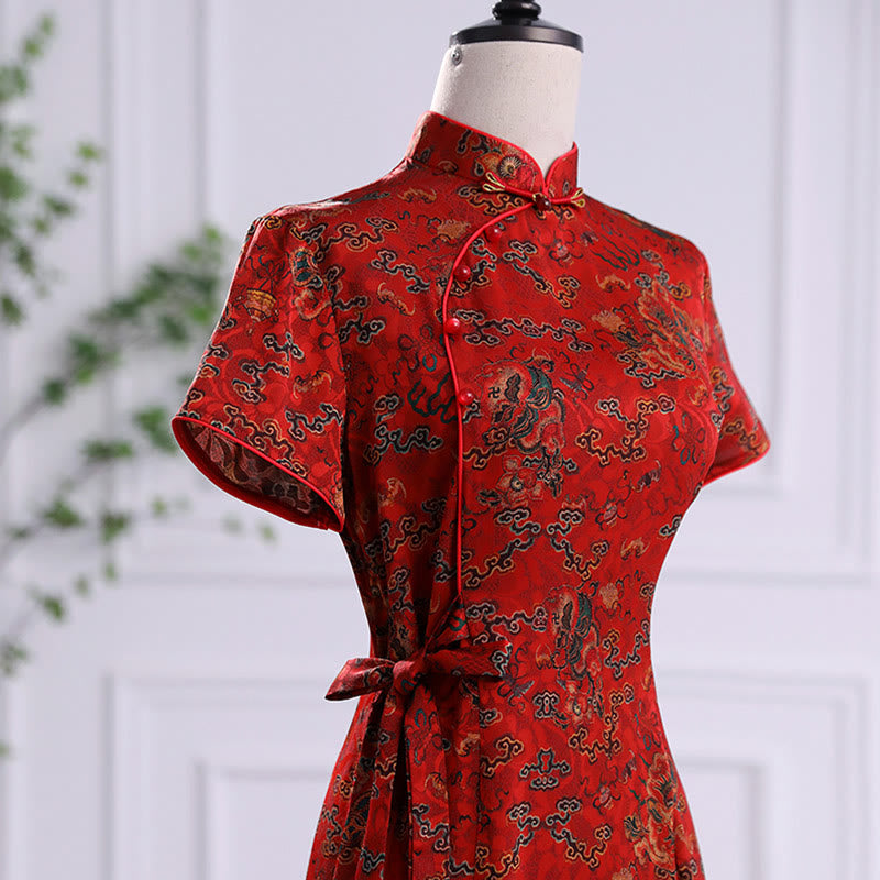 Buddha Stones Vintage Auspicious Clouds Leaf Print Cheongsam Dress Women's Qipao Dress