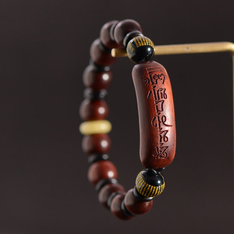 Buddha Stones Small Leaf Red Sandalwood Om Mani Padme Hum Engraved Protection Bracelet