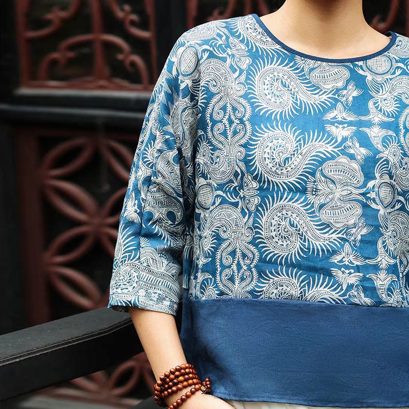 Buddha Stones Blue Flowers Three Quarter Sleeve Top Casual Tee T-shirt