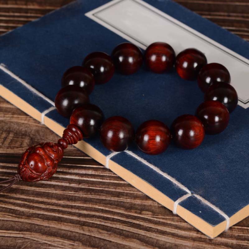 Buddha Stones Small Leaf Red Sandalwood Laughing Buddha God of Wealth Protection Bracelet