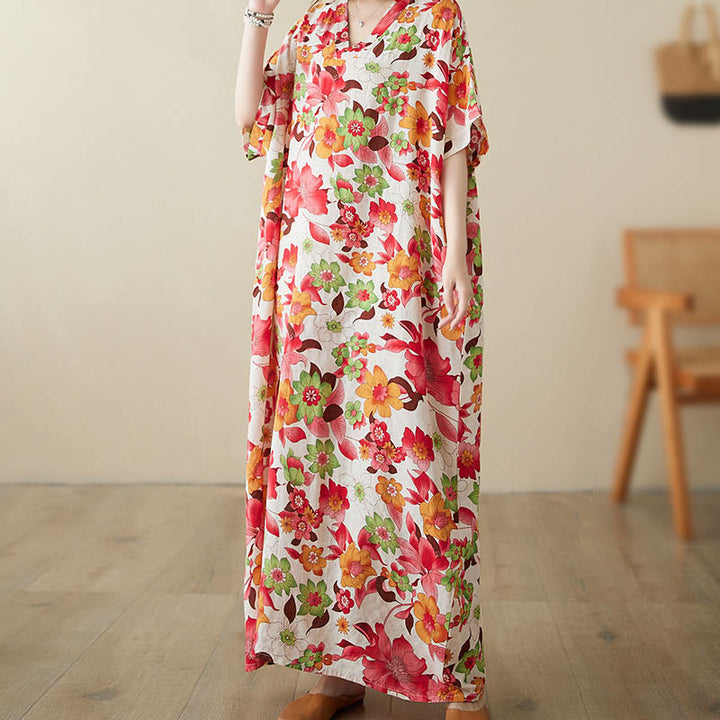 Buddha Stones Red Blue Green Flowers Midi Dress Cotton Half Sleeve Dress With Pockets