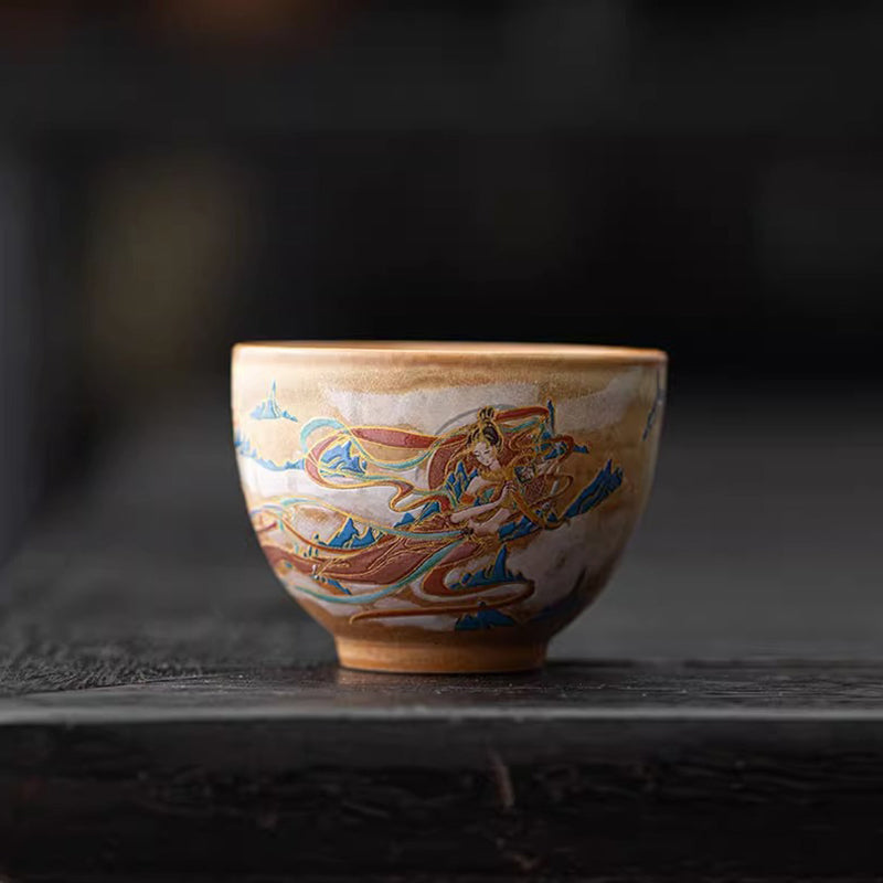 Buddha Stones Dunhuang Flying Apsaras Ceramic Gaiwan Sancai Teacup Kung Fu Tea Cup With Lid