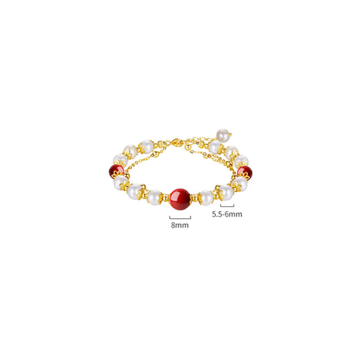 Buddha Stones 925 Sterling Silver Pearl Cinnabar Wisdom Bead Double Layer Chain Bracelet - image 8