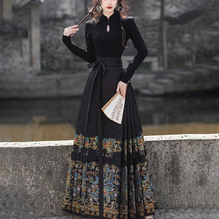 Buddha Stones Short Long Sleeve Shirt Top Chinese Hanfu Ming Dynasty Horse Face Skirt Mamianqun Skirt