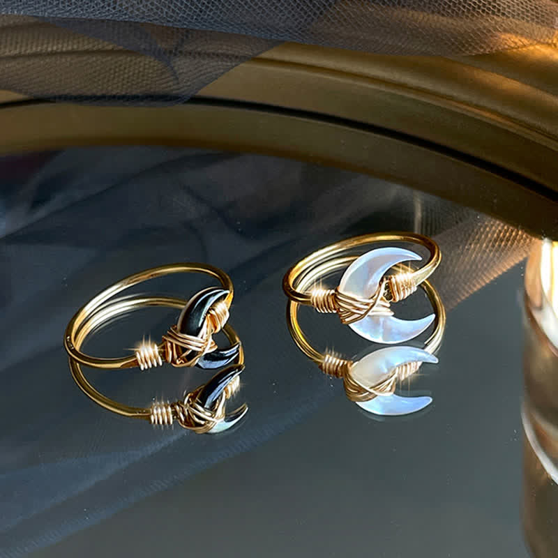 Buddha Stones Natural Tridacna Stone Moon 14K Gold Blessing Ring - image 1