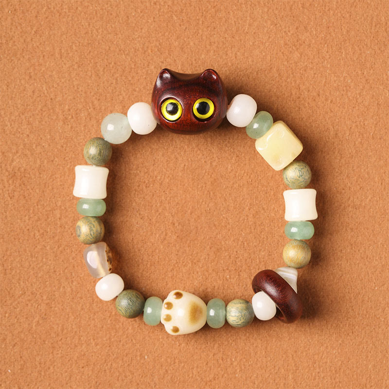 Buddha Stones Bodhi Seed Green Sandalwood Ebony Wood Small Leaf Red Sandalwood Cat Head Paw Claw Peace Bracelet - Small Leaf Red Sandalwood Cat(Yellow Eyes)(Wrist Circumference 14-16cm) - image 8