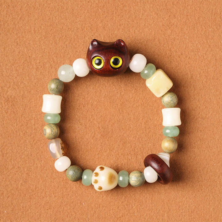 Buddha Stones Bodhi Seed Green Sandalwood Ebony Wood Small Leaf Red Sandalwood Cat Head Paw Claw Peace Bracelet - Small Leaf Red Sandalwood Cat(Yellow Eyes)(Wrist Circumference 14-16cm) - image 8