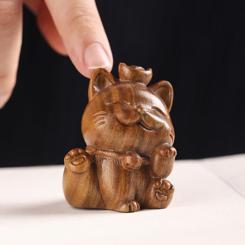 Buddha Stones Mini Green Sandalwood Ingot Lucky Cat Carved Peace Desk Decorations - image 9