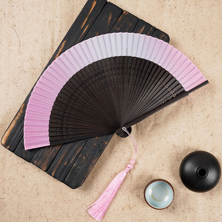 Buddha Stones Solid Color Gradient Hollow Engraved Handheld Bamboo Folding Fan