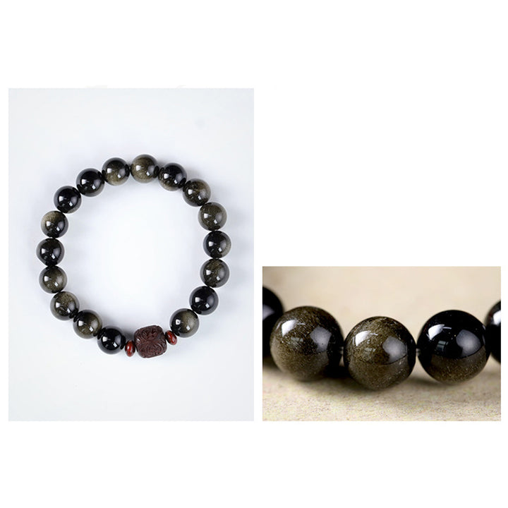 Buddha Stones Natural Gold Sheen Obsidian Rainbow Obsidian Om Mani Padme Hum Fu Character Healing Bracelet