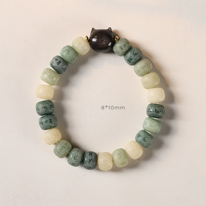 Buddha Stones Bodhi Seed Silver Sheen Obsidian Cat Head Om Mani Padme Hum Engraved Harmony Bracelet - image 11