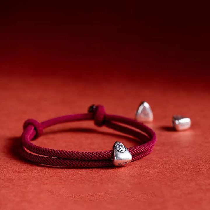 Buddha Stones 925 Sterling Silver Fu Character Blessing Handmade Braided Bracelet - Dark Red - image 0
