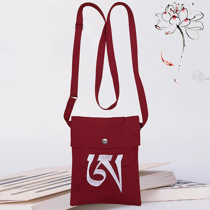 Handmade OM Mantra Embroidered Spiritual Mind Practice Cotton Crossbody Bag Shoulder Bag Cellphone Bag - Dark Red Mantra Spiritual Practice Shoulder Bag - image 2