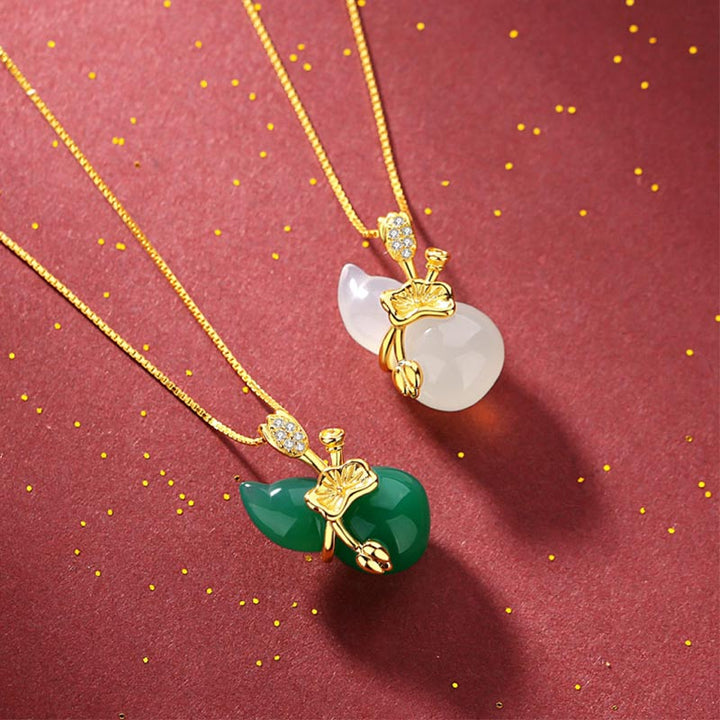Buddha Stones Cyan Jade Gourd Lotus Leaf Abundance Pendant Necklace - image 3