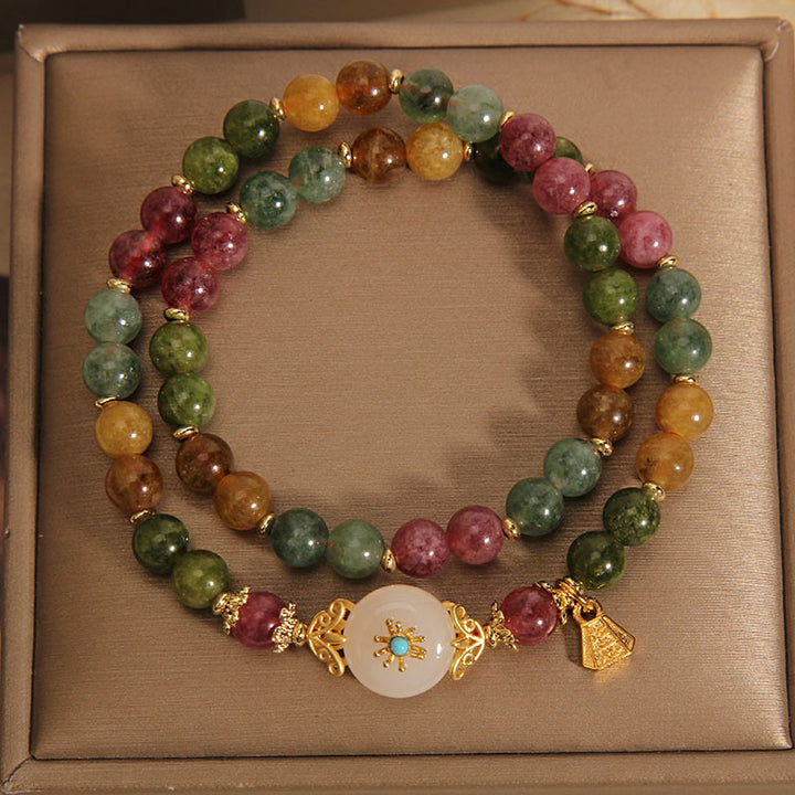 Buddha Stones Natural Multicolored Tourmaline Positive Jade Flower Double Wrap Bracelet