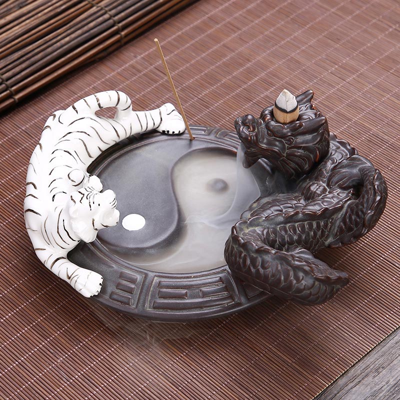 Tiger Dragon Backflow Smoke Fountain Ceramic Yin Yang Blessing Incense Burner Decoration - Tiger Dragon Incense Burner - image 0