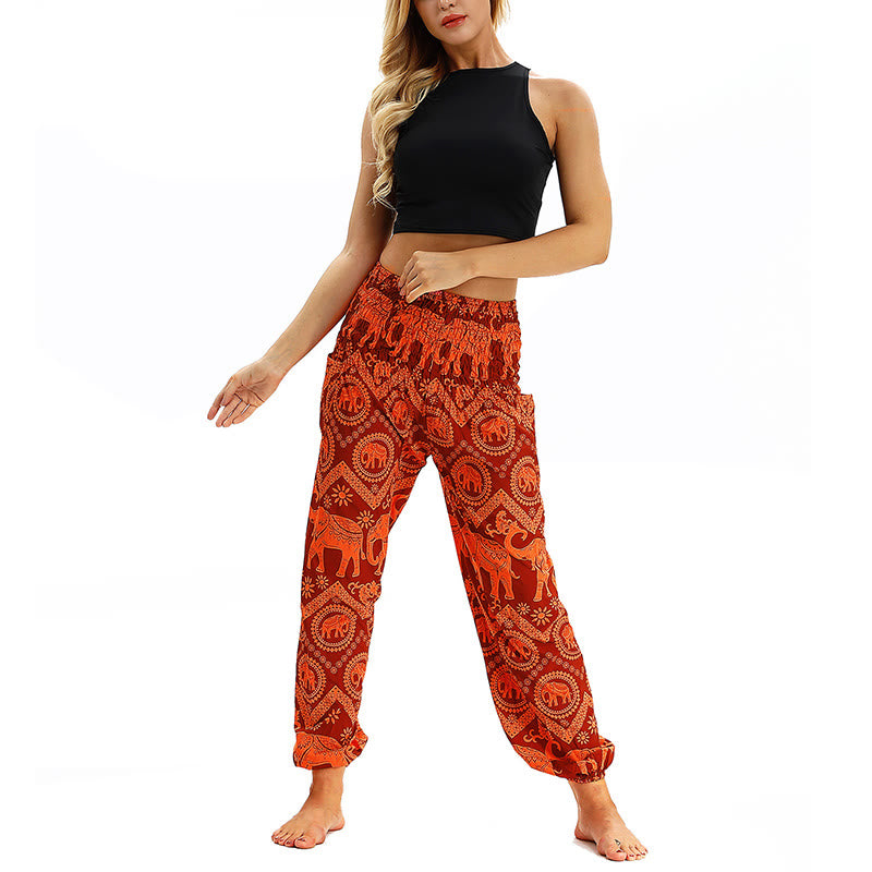 Buddha Stones Boho Loose Geometric Elephant Pattern Harem Trousers Women's Yoga Pants