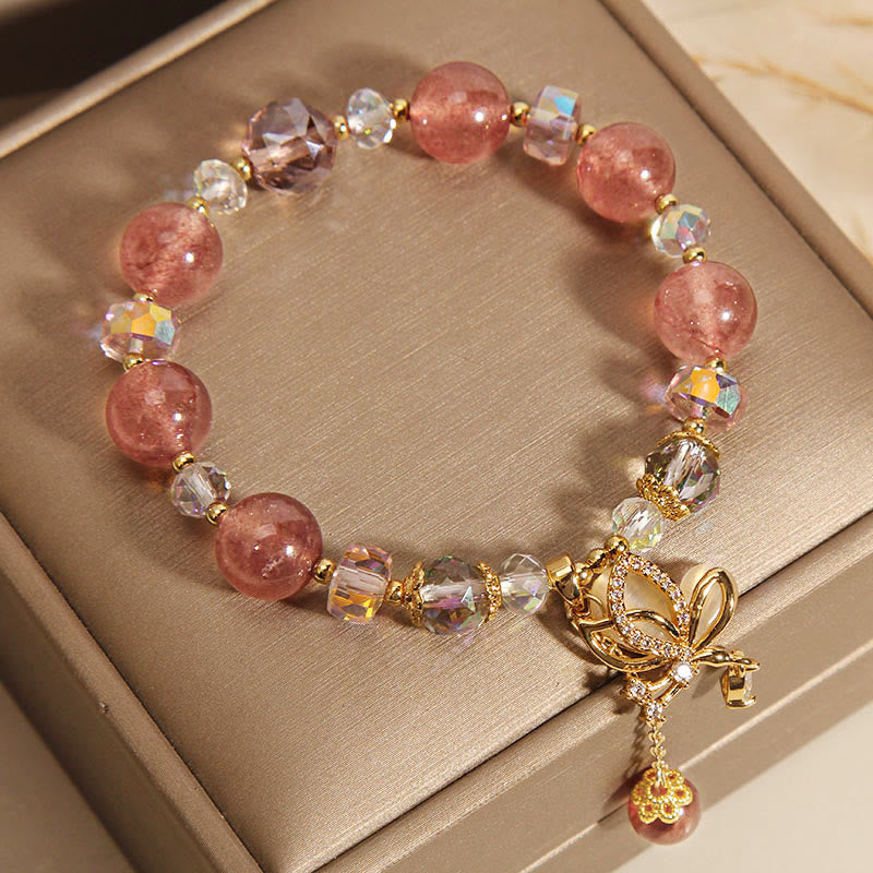 Buddha Stones Natural Strawberry Quartz Healing Positive Butterfly Charm Bracelet