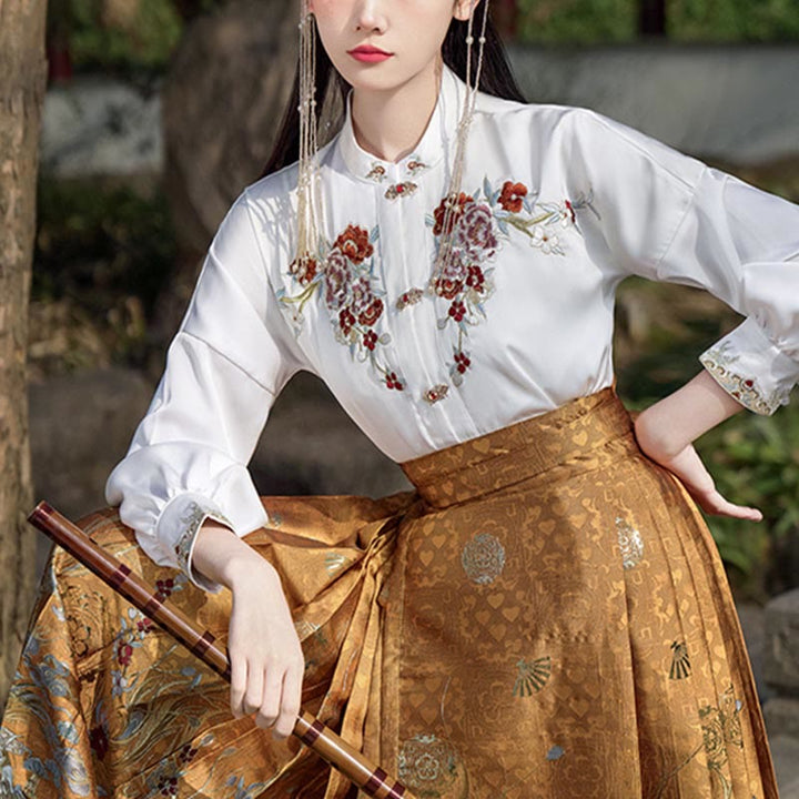 Buddha Stones Golden Flower Phoenix Embroidery Long Sleeve Shirt Top Chinese Hanfu Ming Dynasty Horse Face Skirt Mamianqun Skirt