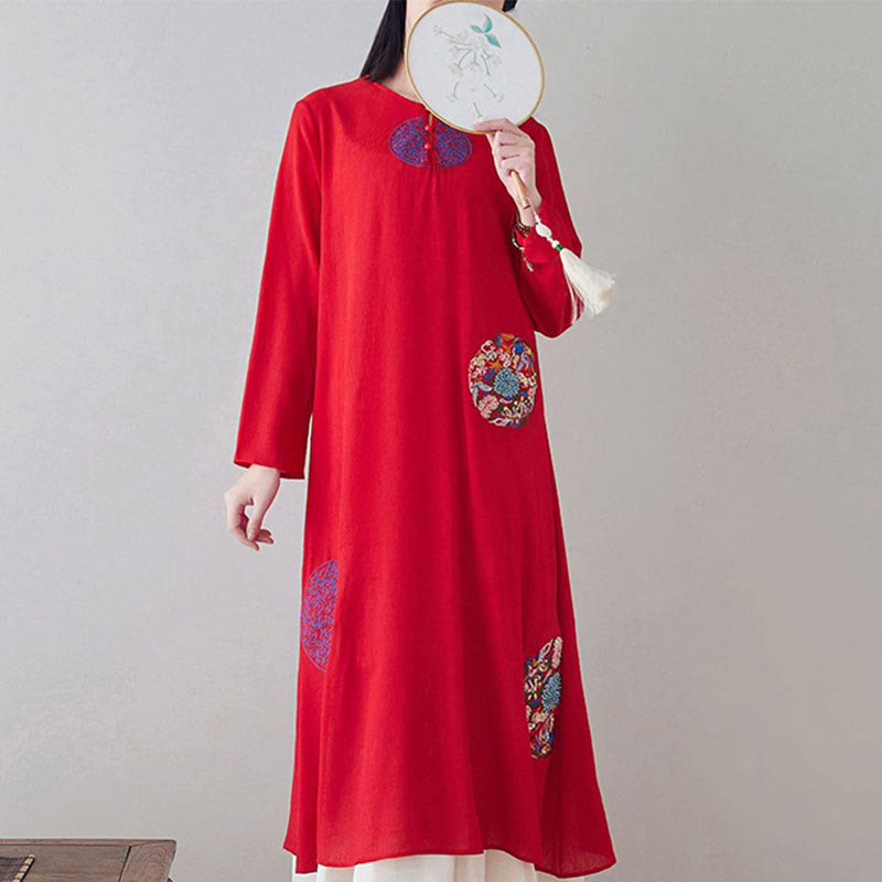 Buddha Stones Embroidery Long Sleeve Midi Dress Meditation Spiritual Zen Practice